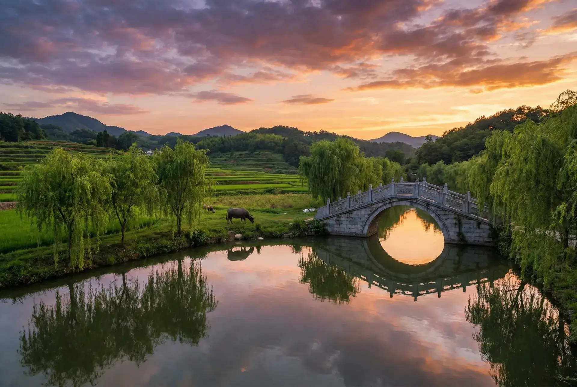 夕阳下的石拱桥与垂柳，水牛在河边吃草 - 欧美成人片 乡村美景